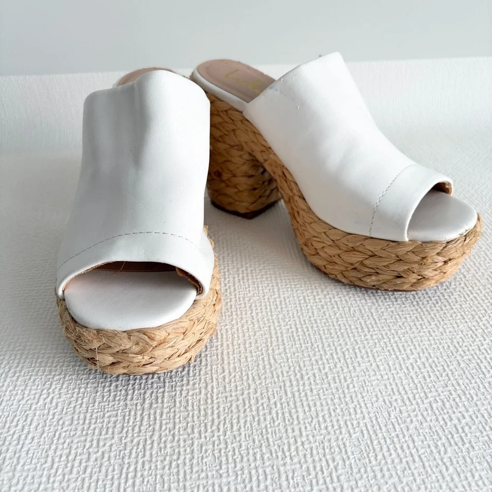 Lulus White Vegan Leather Straw Platform Block Heel Mules Sandals Size 7